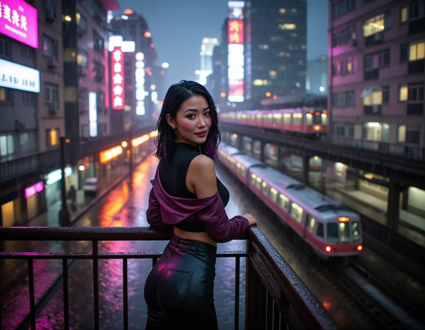 Fictional adult woman in a black outfit and plum jacket overlooking a neon-lit city