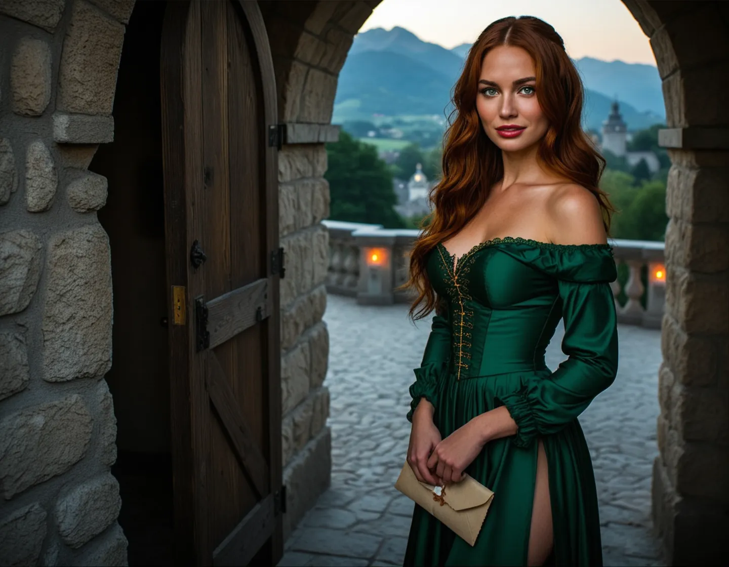 Fictional adult woman in an emerald gown holding a sealed letter at a castle doorway