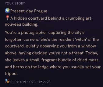 Veyra creator's Your Story panel showing Zora's Prague setting, courtyard opening, and narration choices