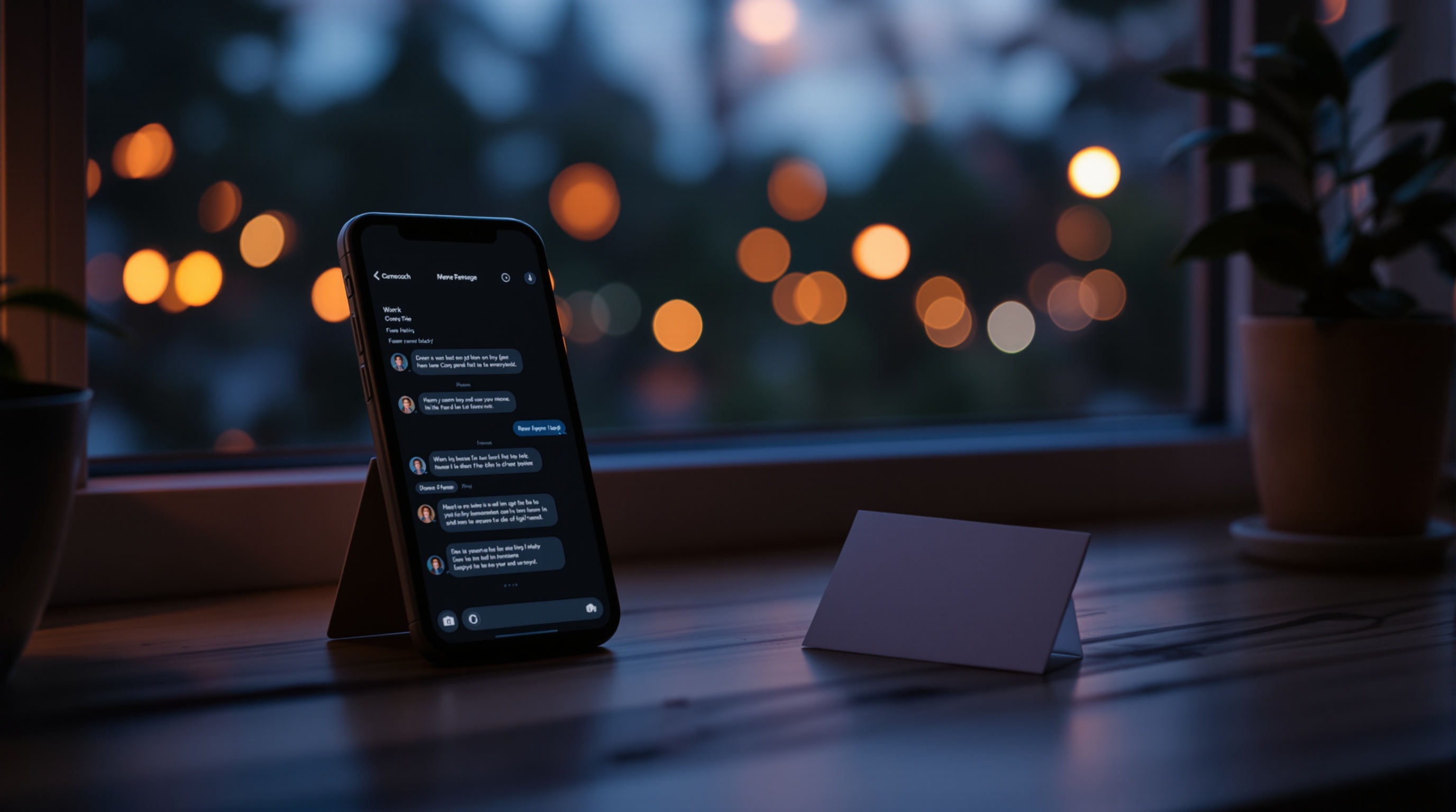 A phone on a dusk-lit windowsill showing an AI companion chat beside a blank price tag
