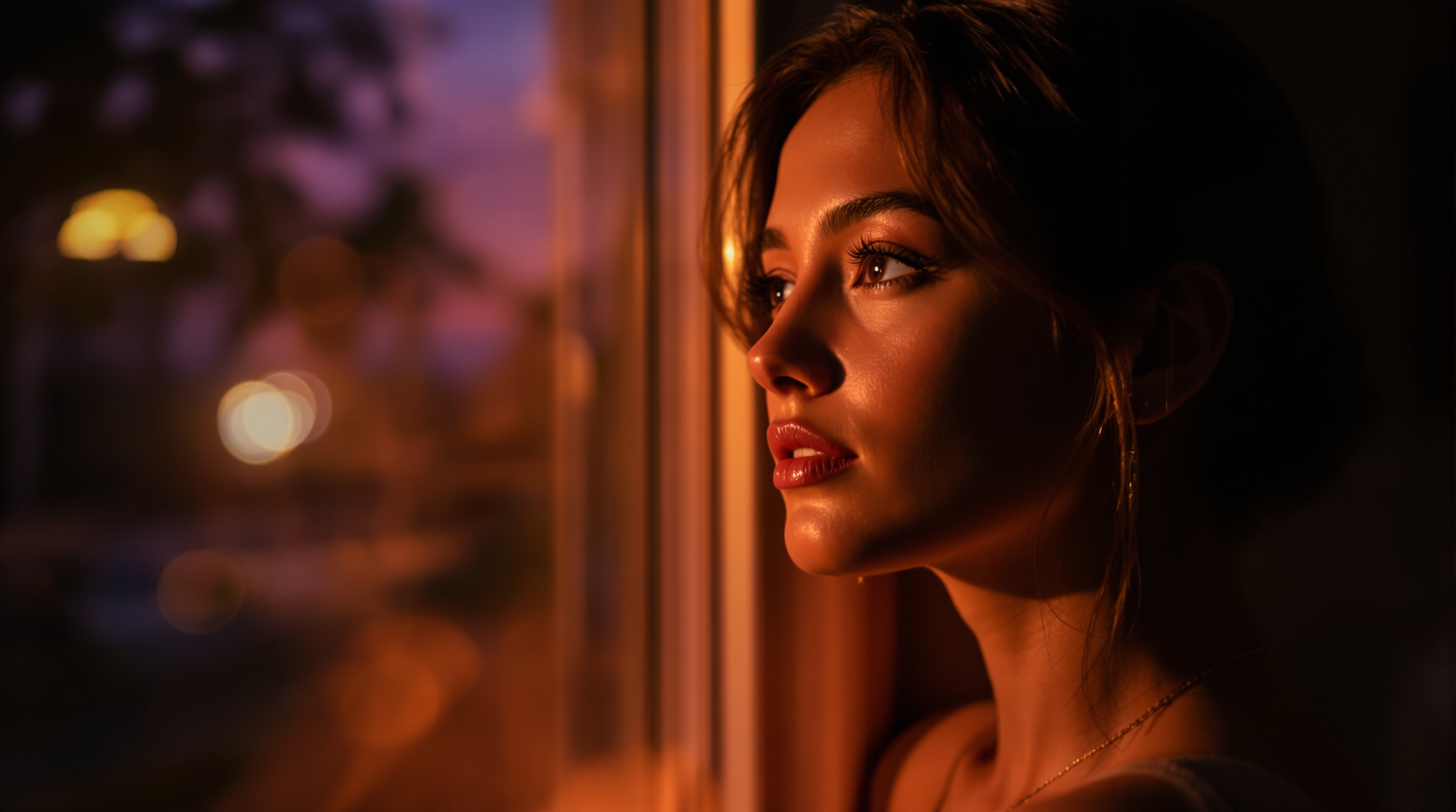 A woman by a window at dusk looking away thoughtfully, as if recalling a shared memory