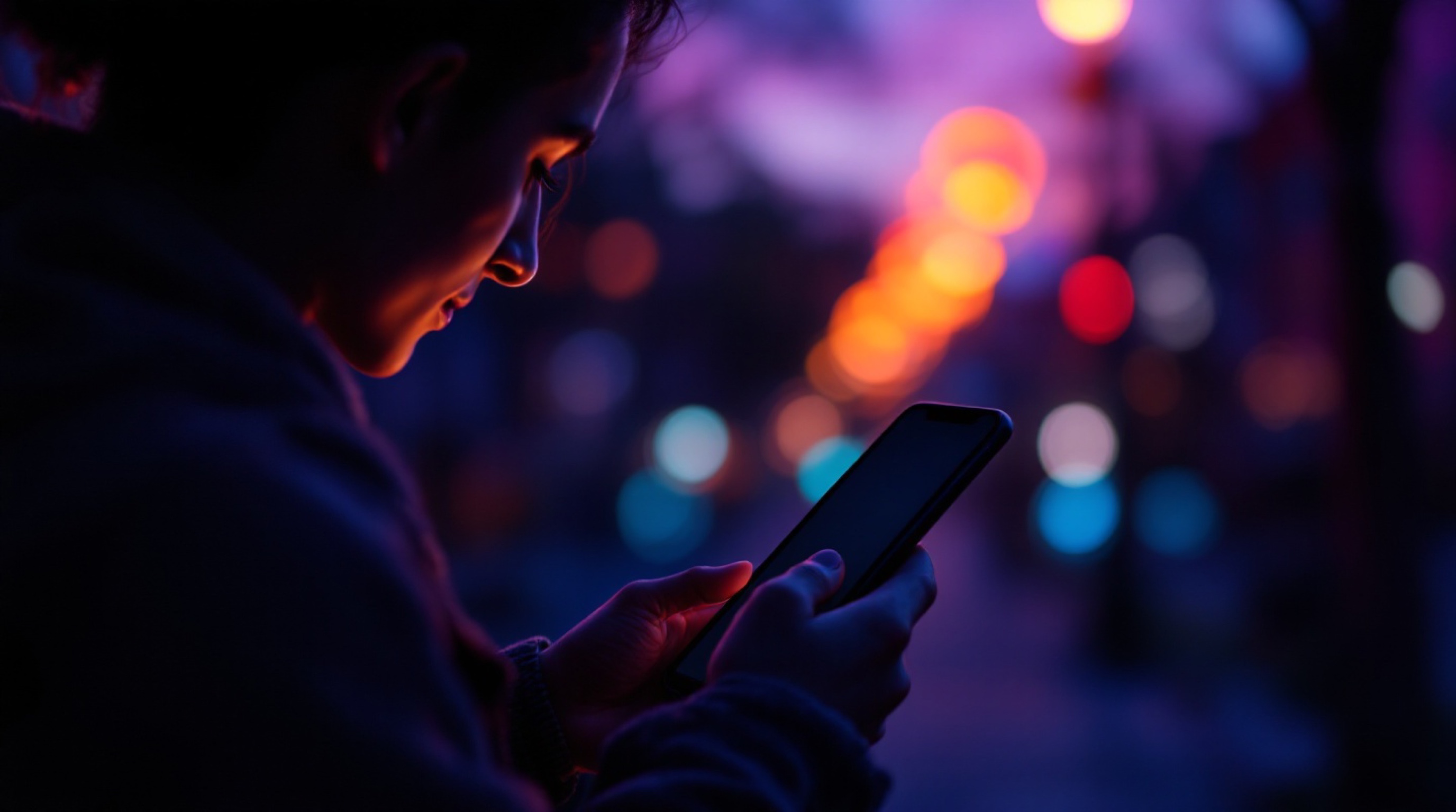 A person at dusk comparing AI companion apps on a phone, lit in warm violet and amber