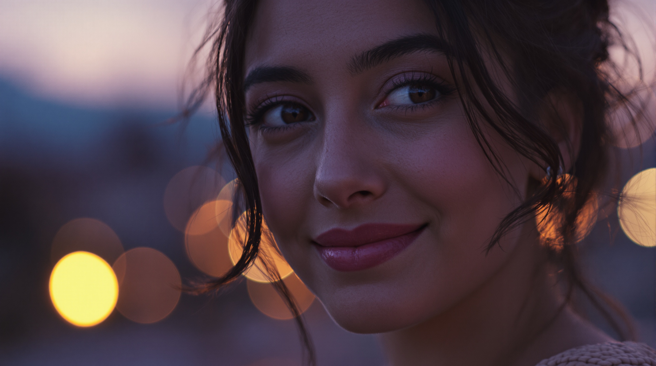 A softly lit portrait of a young woman smiling gently toward the camera at dusk
