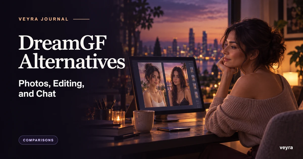 A fictional adult woman comparing two edited character portraits beside the title DreamGF Alternatives: Photos, Editing, and Chat