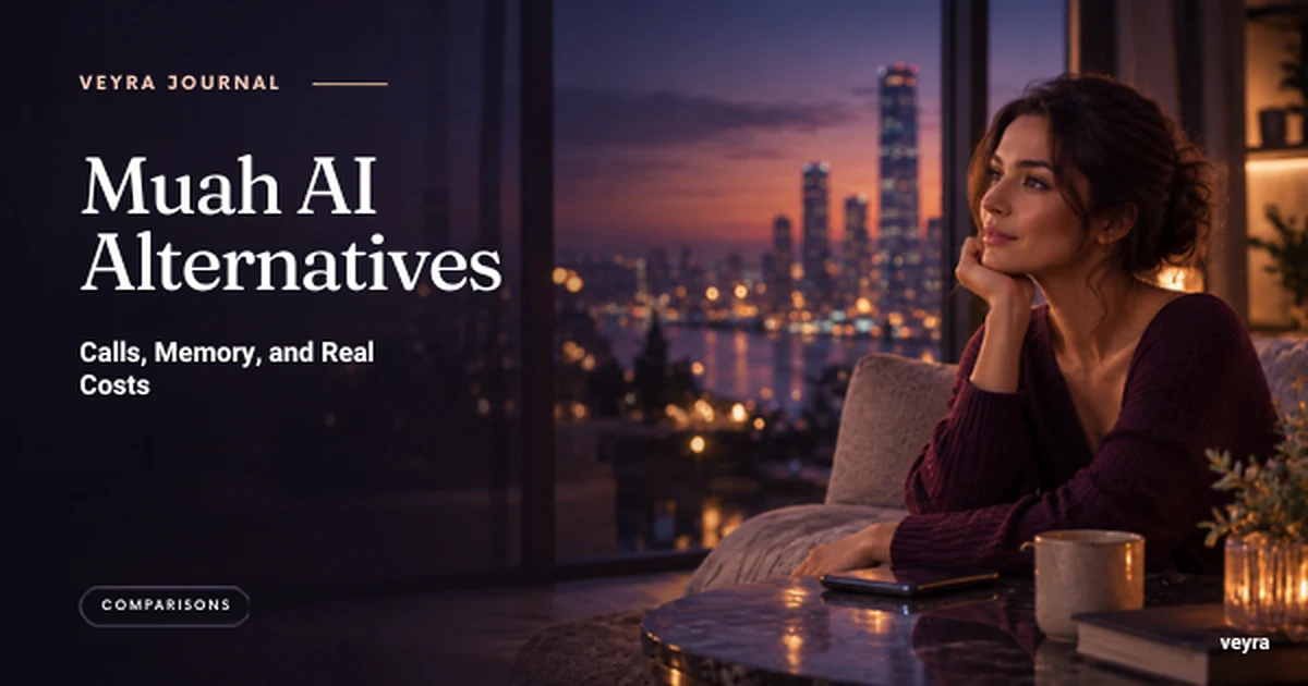 A thoughtful fictional adult woman beside a phone at twilight with the title Muah AI Alternatives: Calls, Memory, and Real Costs