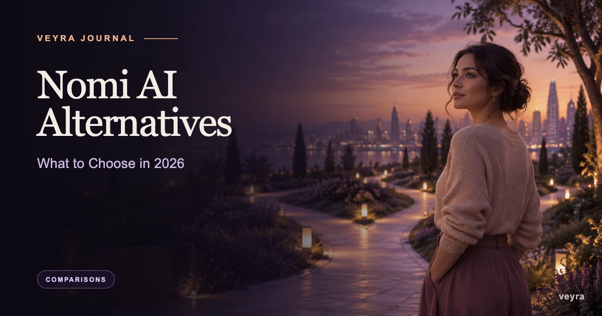 A woman at dusk overlooking branching garden paths beside the title Nomi AI Alternatives: What to Choose in 2026