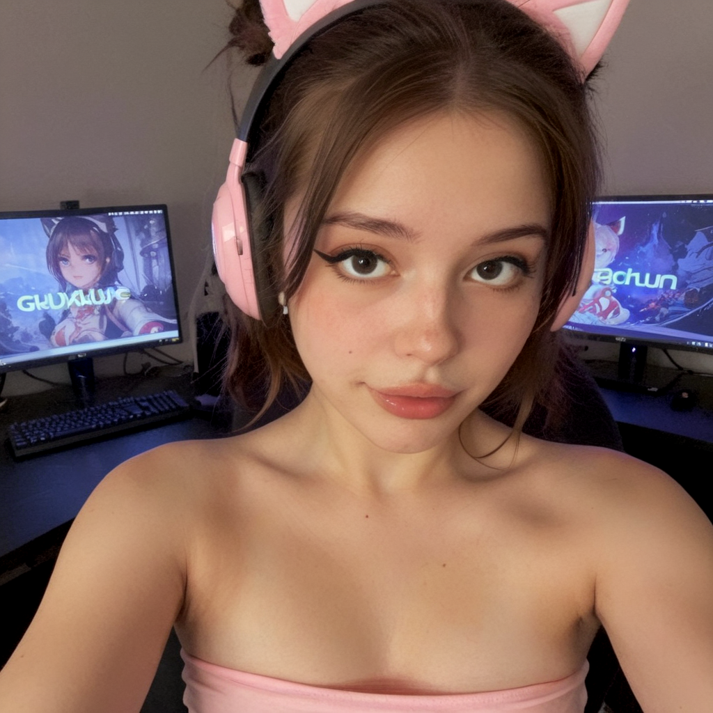 Gamer girl wearing a pink cat-ear headset taking a selfie at her desk setup